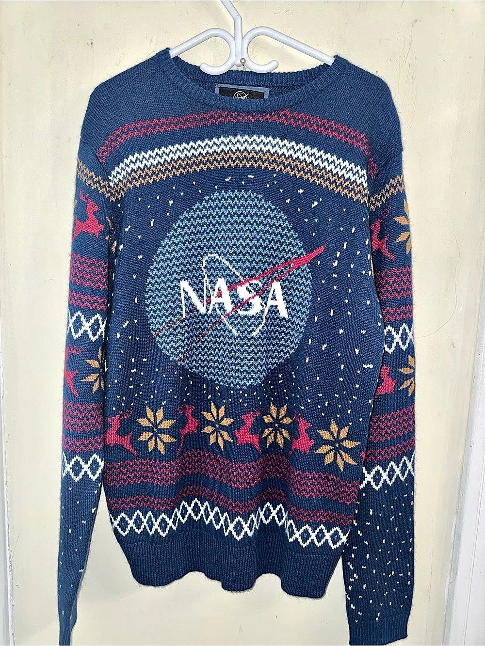 NASA Meatball by Knit Ugly Christmas Sweater Blue Fair Isle Reindeer XL